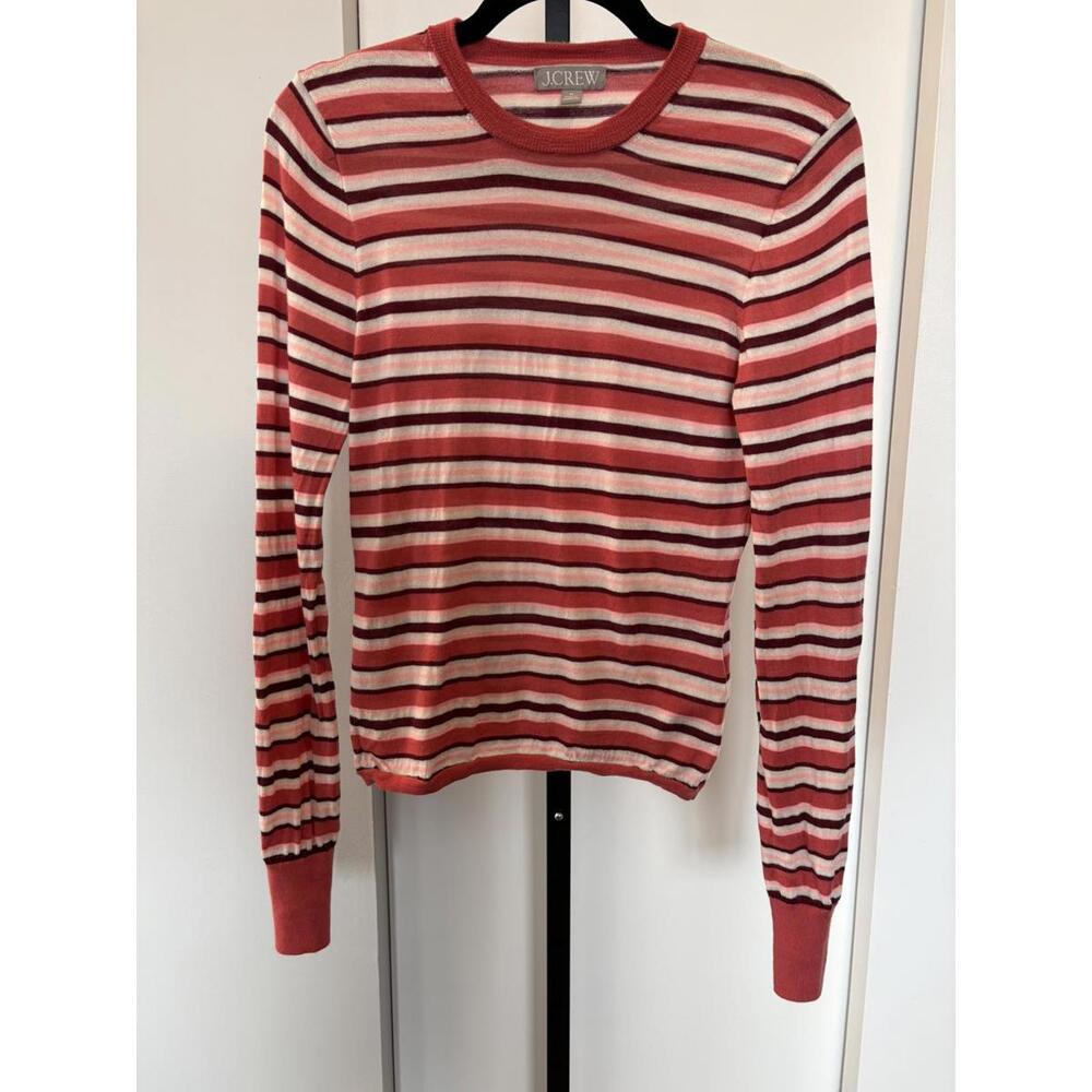 J Crew Salmon Burgundy Striped Lightweight Merino Wool Sweater M